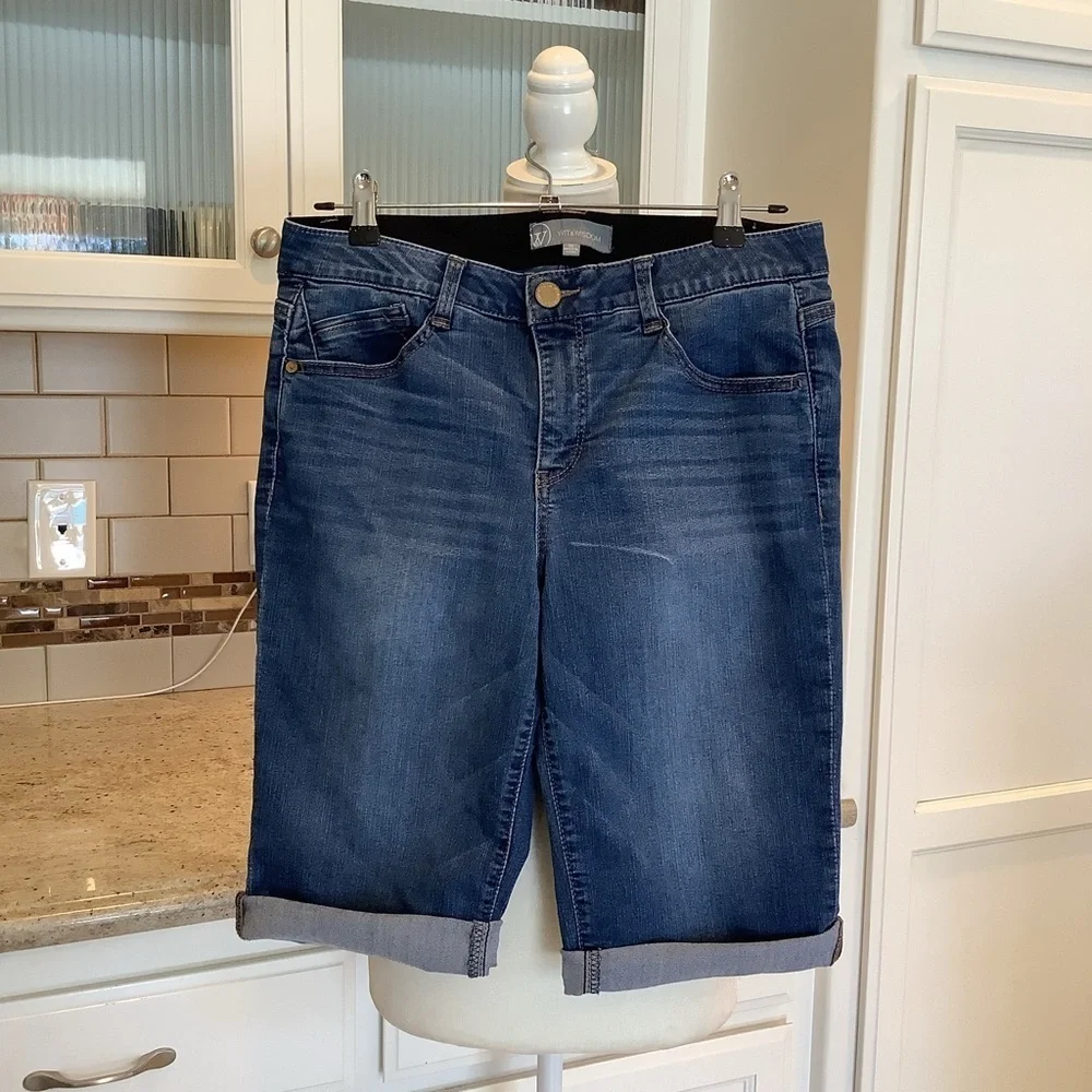 Wit & Wisdom Ab-solution Dark Blue Long Denim Jean Shorts Size 10 Cuffed